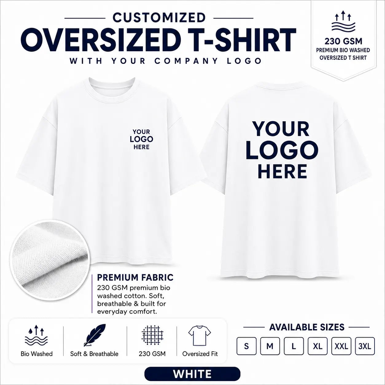 White 230 GSM custom oversized T-shirt with front and back company logo placement