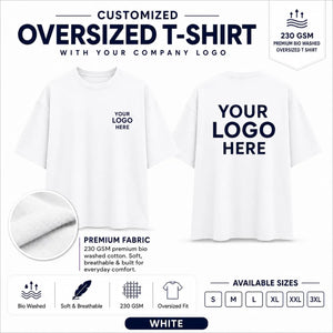 White 230 GSM custom oversized T-shirt with front and back company logo placement