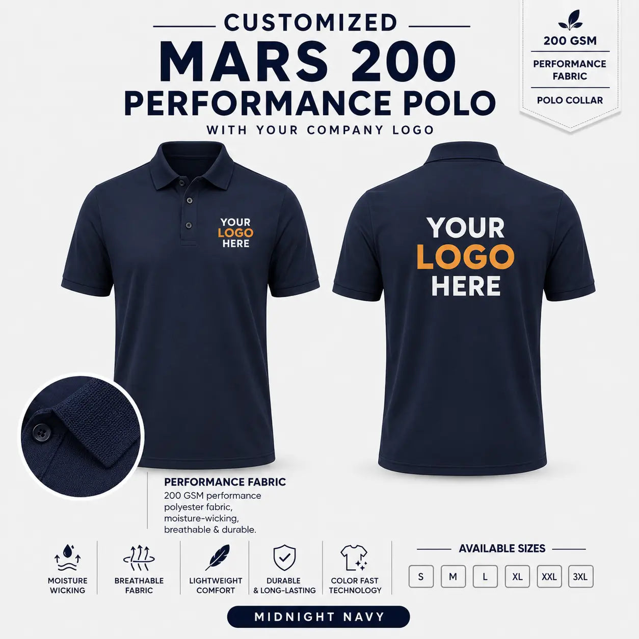 Custom Performance Polo T-Shirt – 200 GSM - Midnight Navy