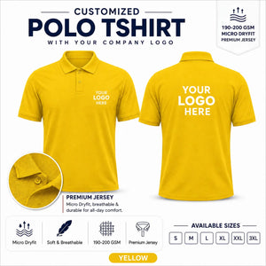 Yellow custom micro dryfit polo t-shirt - 190-200 gsm showing front and back logo placement