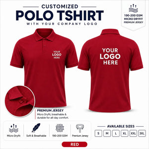 Red custom micro dryfit polo t-shirt - 190-200 gsm showing front and back logo placement