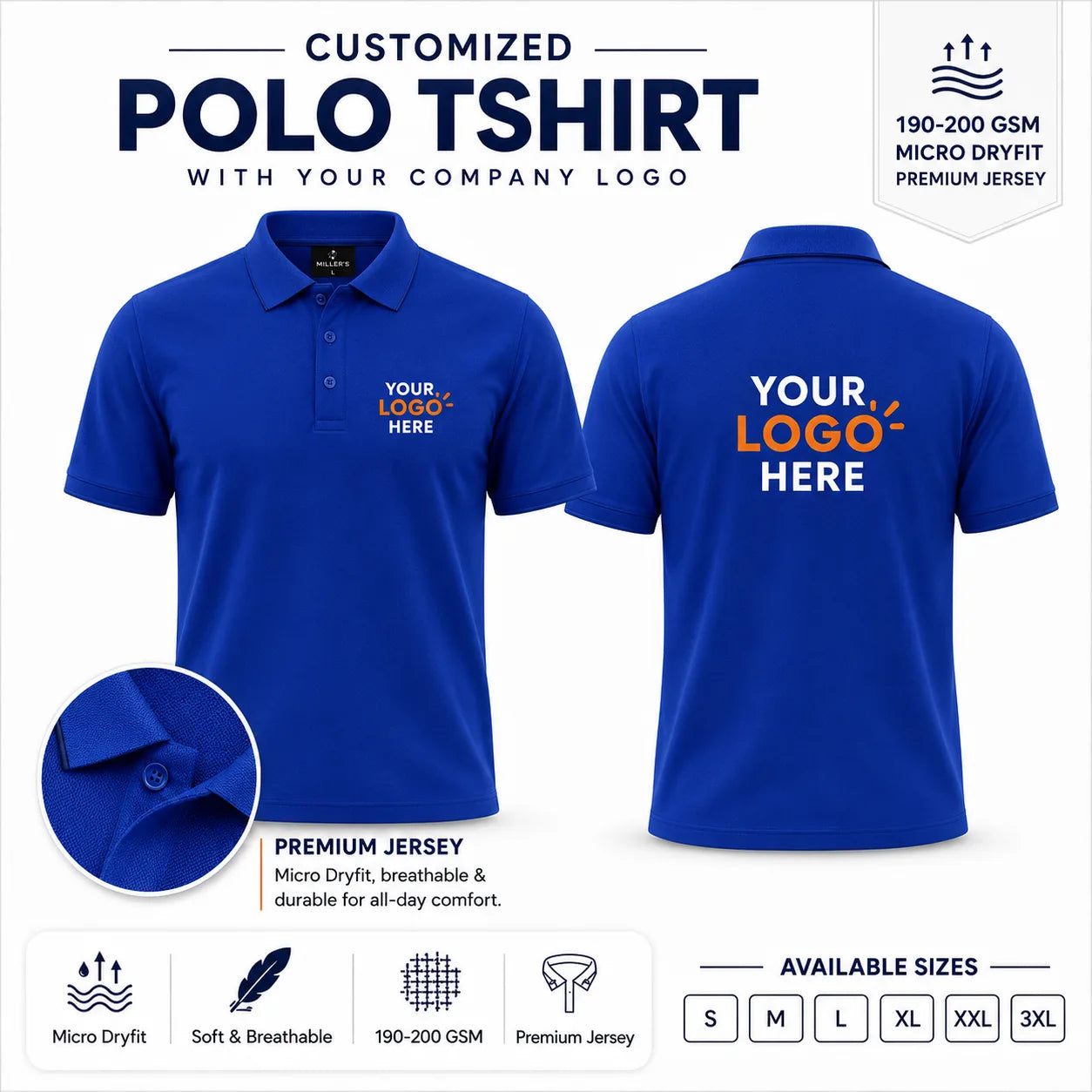 Royal Blue custom micro dryfit polo t-shirt with tipping - 190-200 gsm showing front and back logo placement