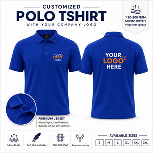 Royal Blue custom micro dryfit polo t-shirt with tipping - 190-200 gsm showing front and back logo placement