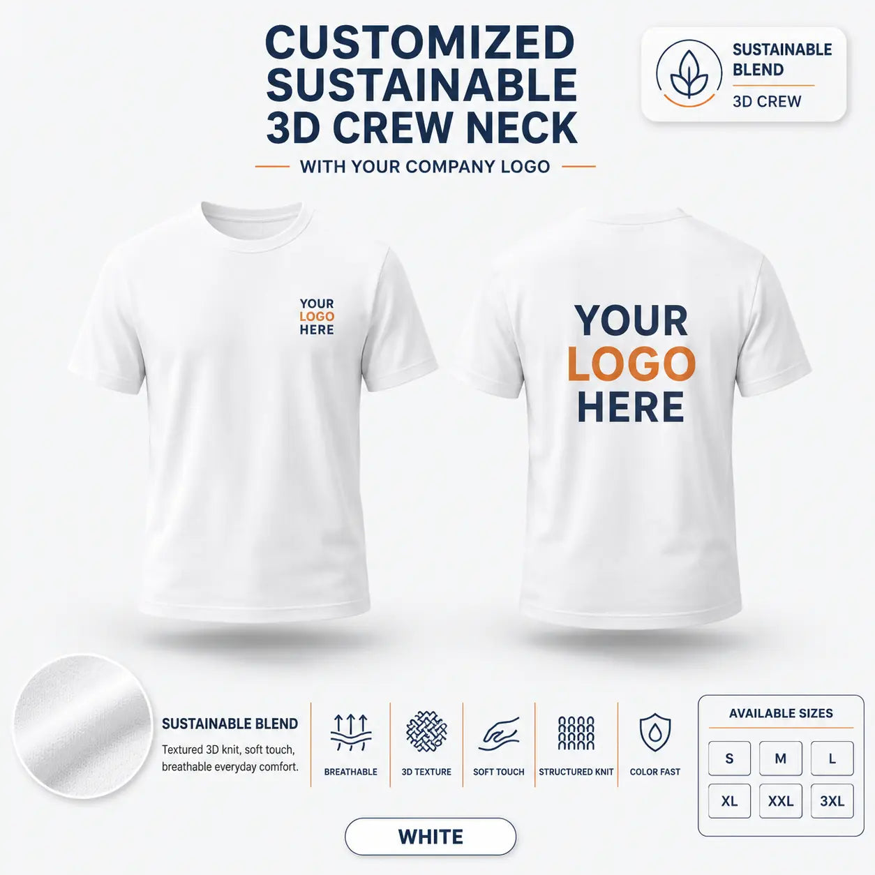 Custom Recycled Cotton 3D Crew Neck T-Shirt – 190 GSM - White