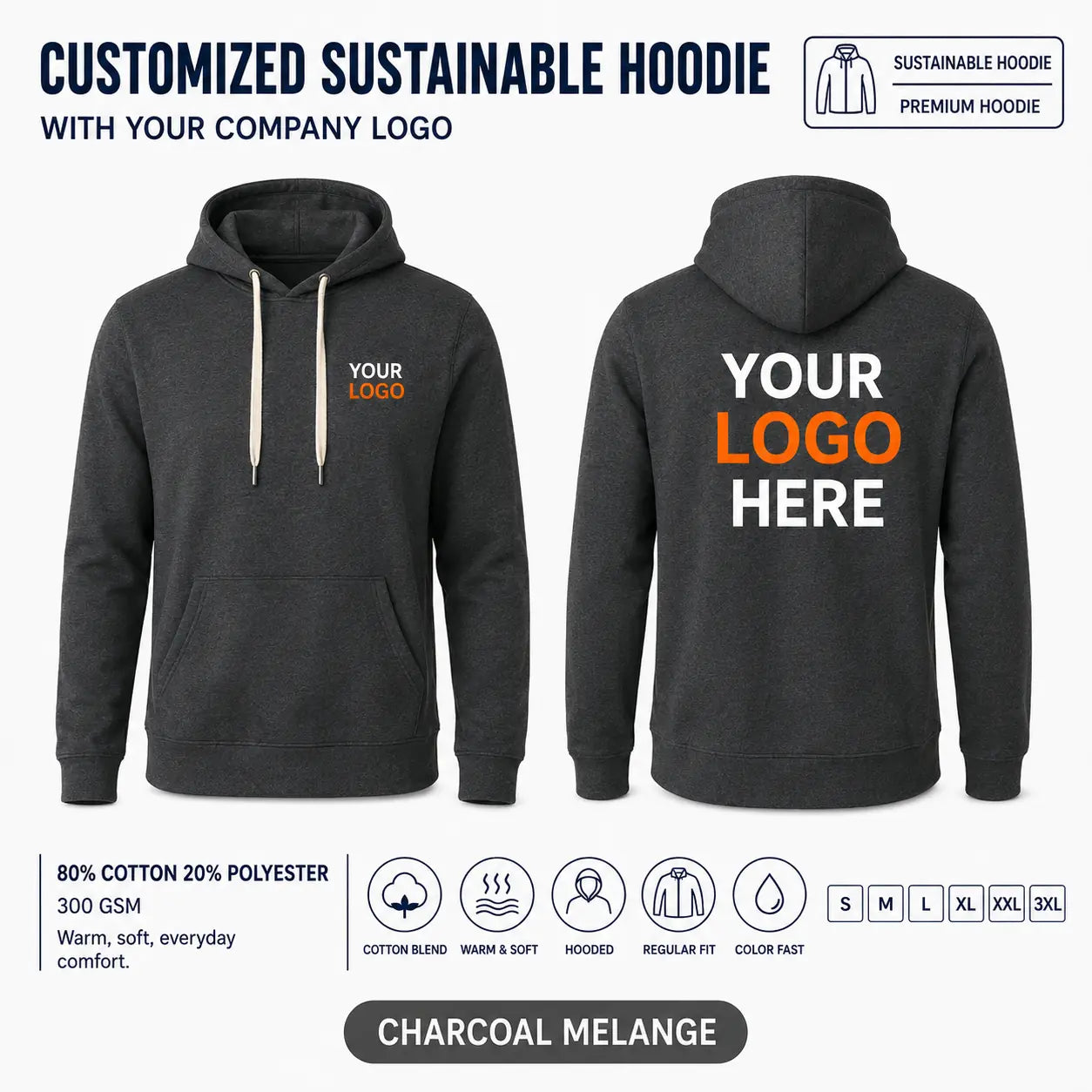 Custom Recycled Cotton Pullover Hoodie – 300 GSM - Charcoal Melange