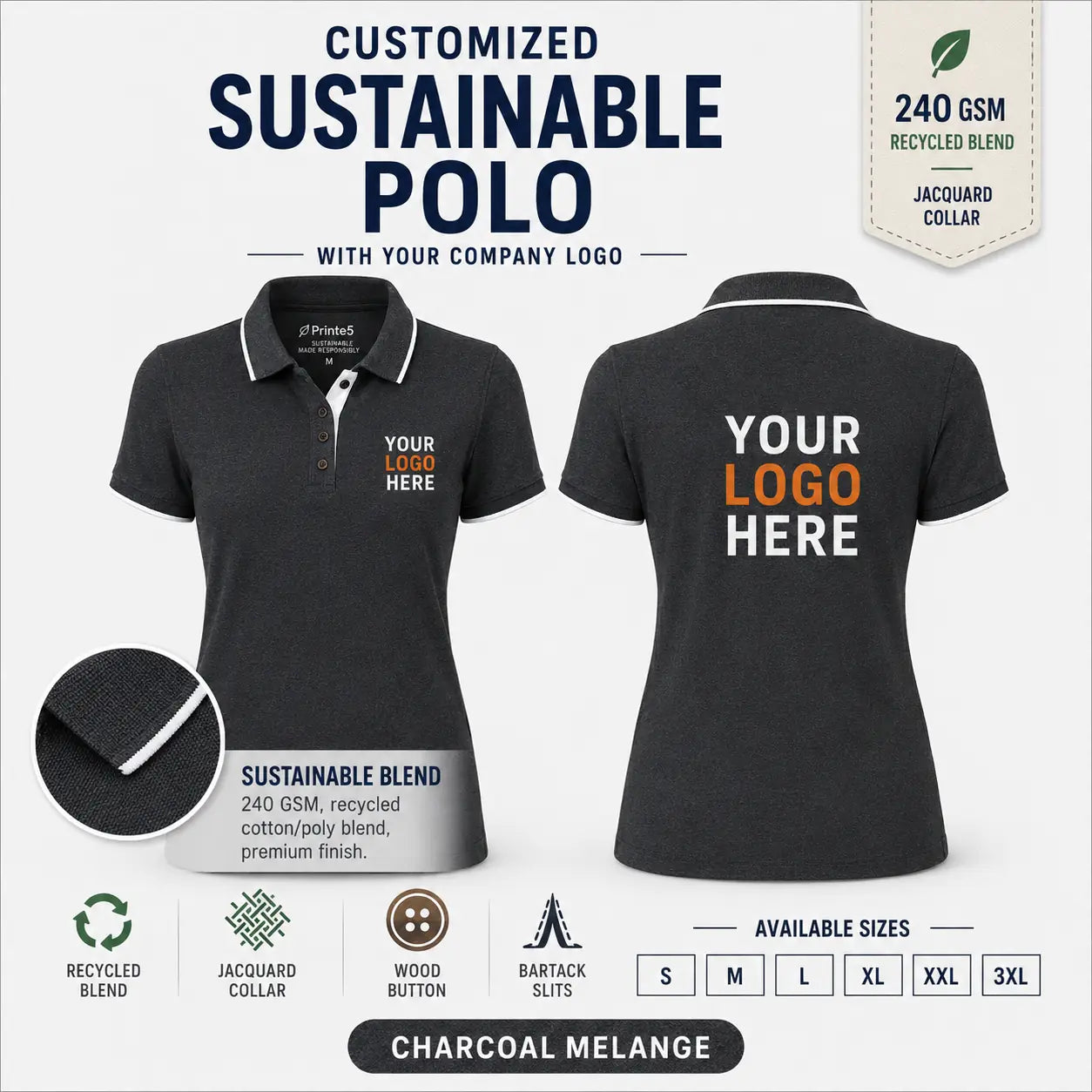 Women’s Custom Recycled Cotton Jacquard Polo T-Shirt – 240 GSM - Charcoal Melange