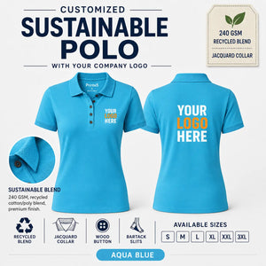 Women’s Custom Recycled Cotton Jacquard Polo T-Shirt – 240 GSM - Aqua Blue
