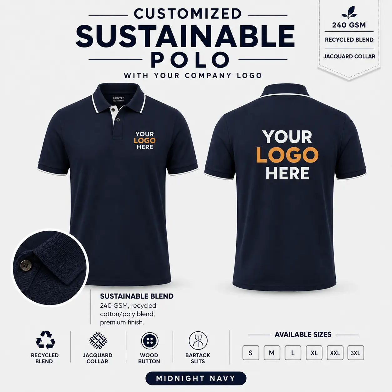 Custom Recycled Cotton Jacquard Polo T-Shirt – 240 GSM - Midnight Navy