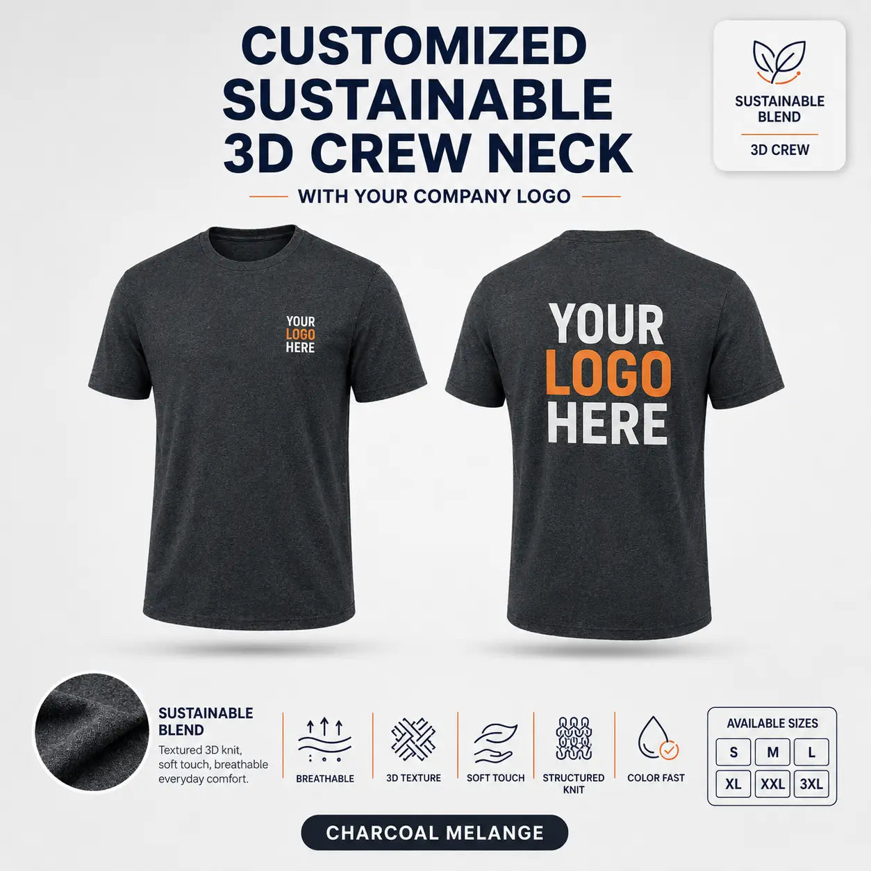 Custom Recycled Cotton 3D Crew Neck T-Shirt – 190 GSM - Charcoal Melange