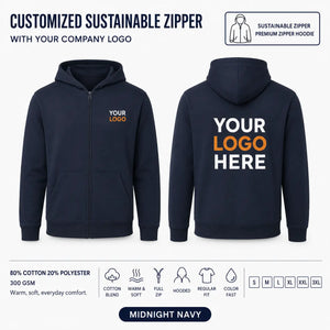 Custom Recycled Cotton Full-Zip Hoodie – 300 GSM - Midnight Navy