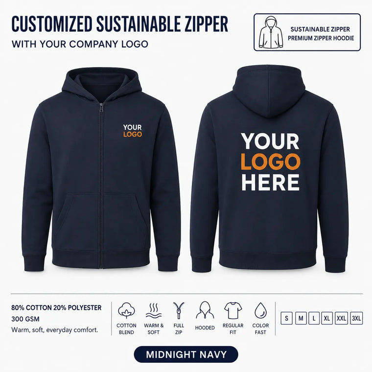 Custom Recycled Cotton Full-Zip Hoodie – 300 GSM