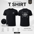 Black custom premium round neck t-shirt showing front and back logo placement