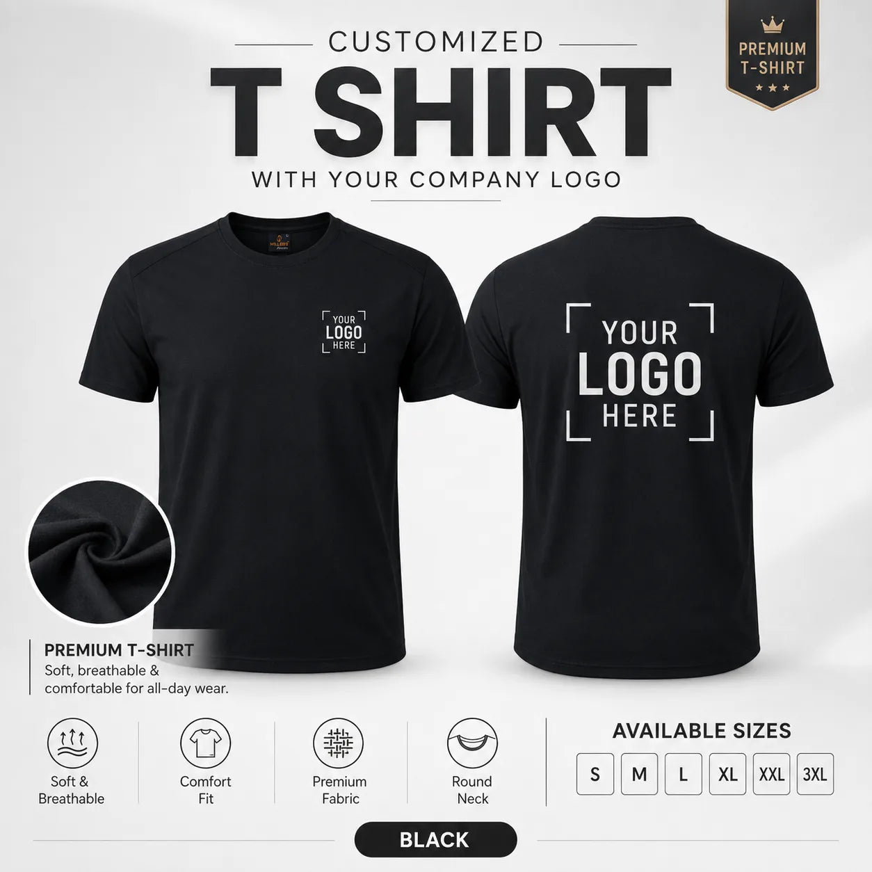 Black custom premium round neck t-shirt showing front and back logo placement