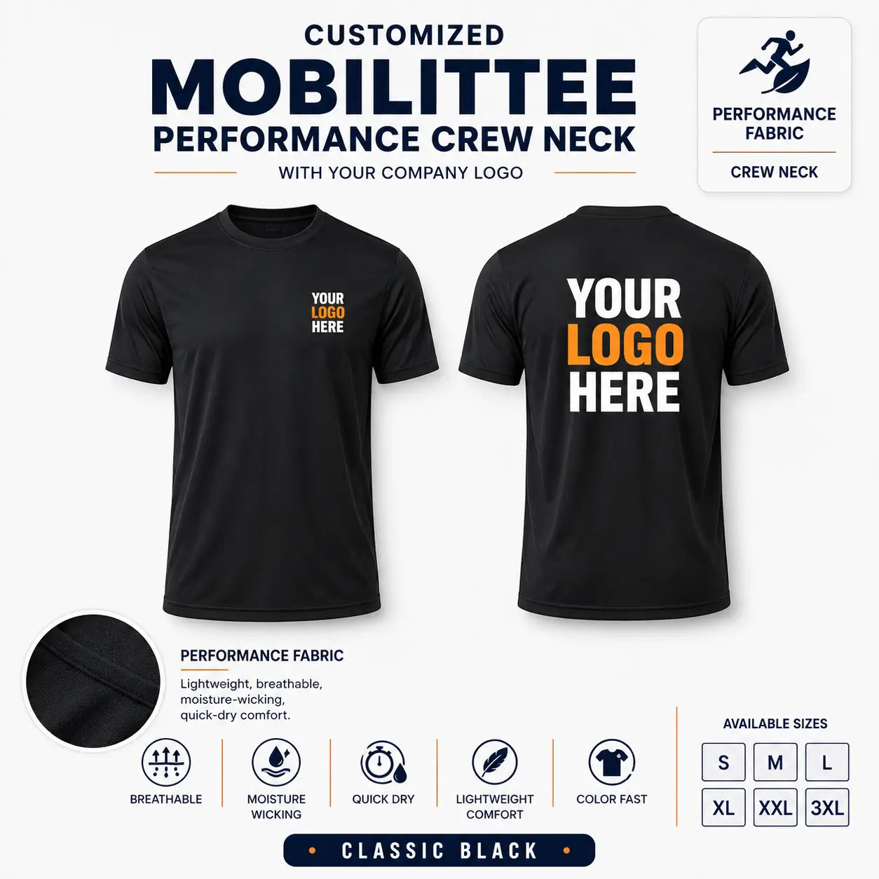 Custom Performance Crew Neck T-Shirt – 160 GSM - Classic Black