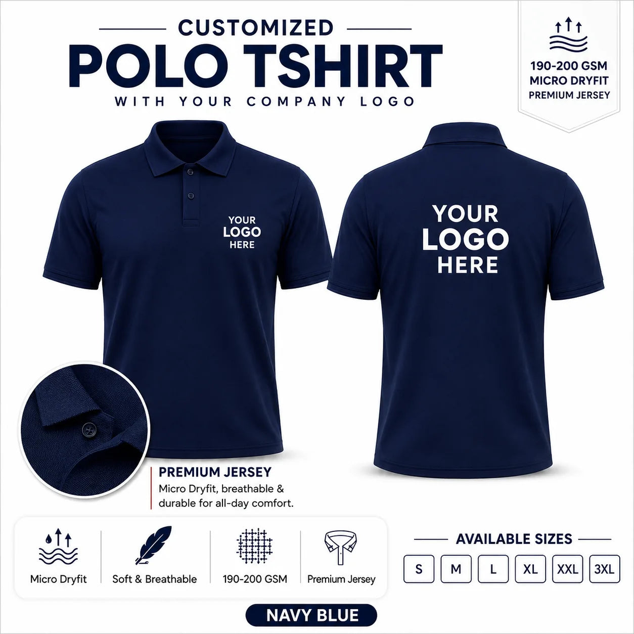 Navy Blue custom micro dryfit polo t-shirt - 190-200 gsm showing front and back logo placement