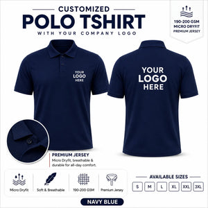 Navy Blue custom micro dryfit polo t-shirt - 190-200 gsm showing front and back logo placement
