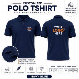 Navy Blue custom micro dryfit polo t-shirt with tipping - 190-200 gsm showing front and back logo placement