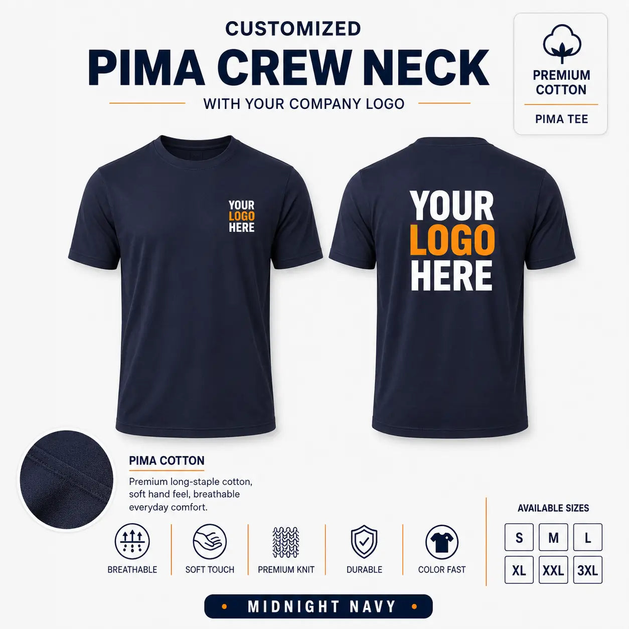 Custom Premium Pima Cotton Crew Neck T-Shirt – 185 GSM - Midnight Navy