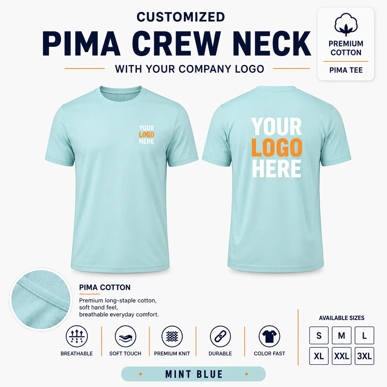 Custom Premium Pima Cotton Crew Neck T-Shirt – 185 GSM - Mint Blue