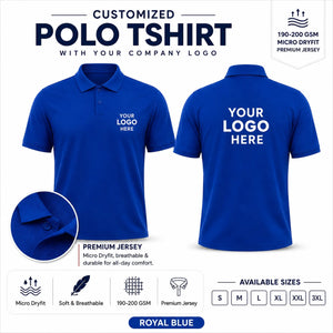 Royal Blue custom micro dryfit polo t-shirt - 190-200 gsm showing front and back logo placement
