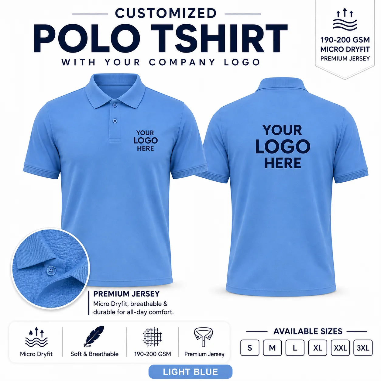Light Blue custom micro dryfit polo t-shirt - 190-200 gsm showing front and back logo placement