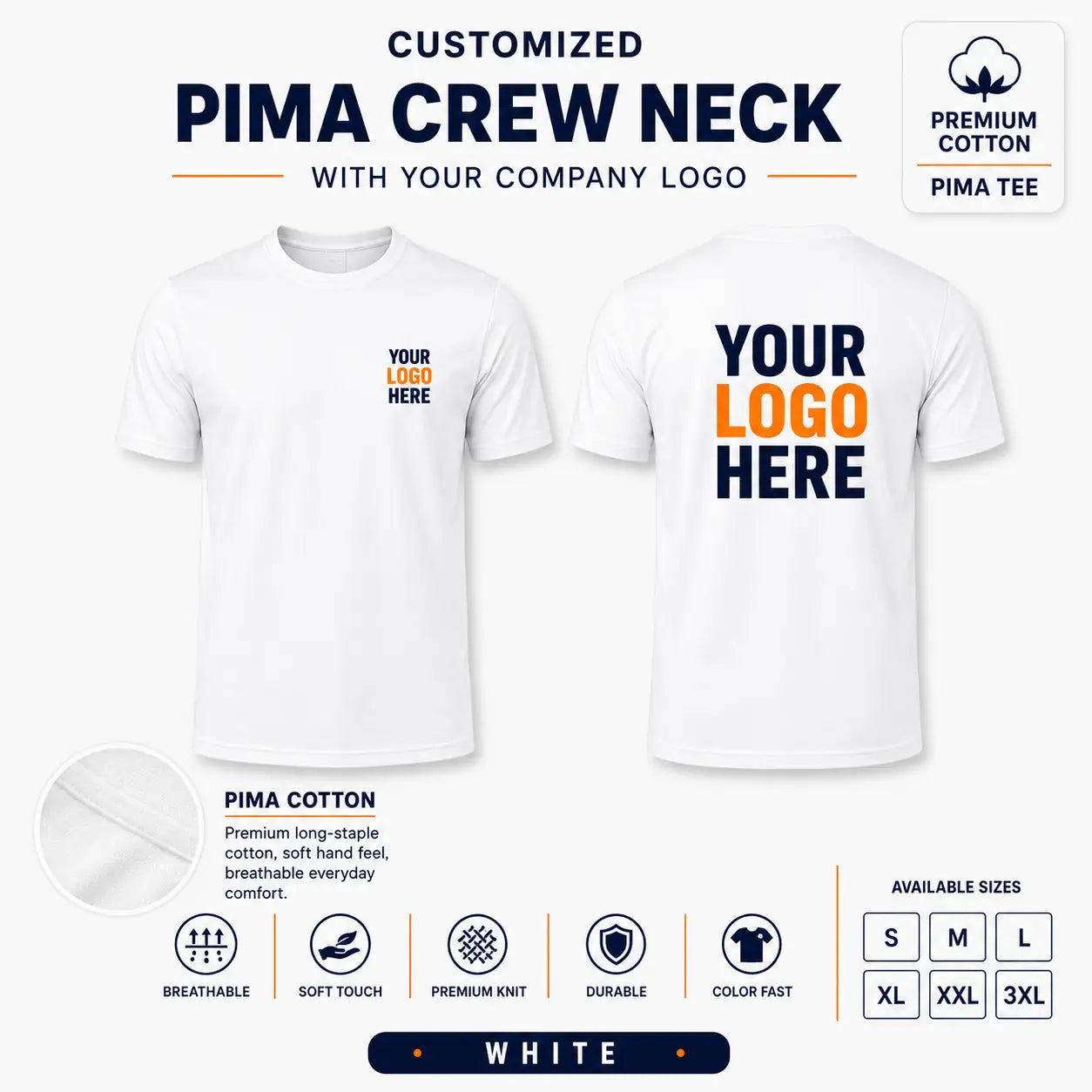 Custom Premium Pima Cotton Crew Neck T-Shirt – 185 GSM - White