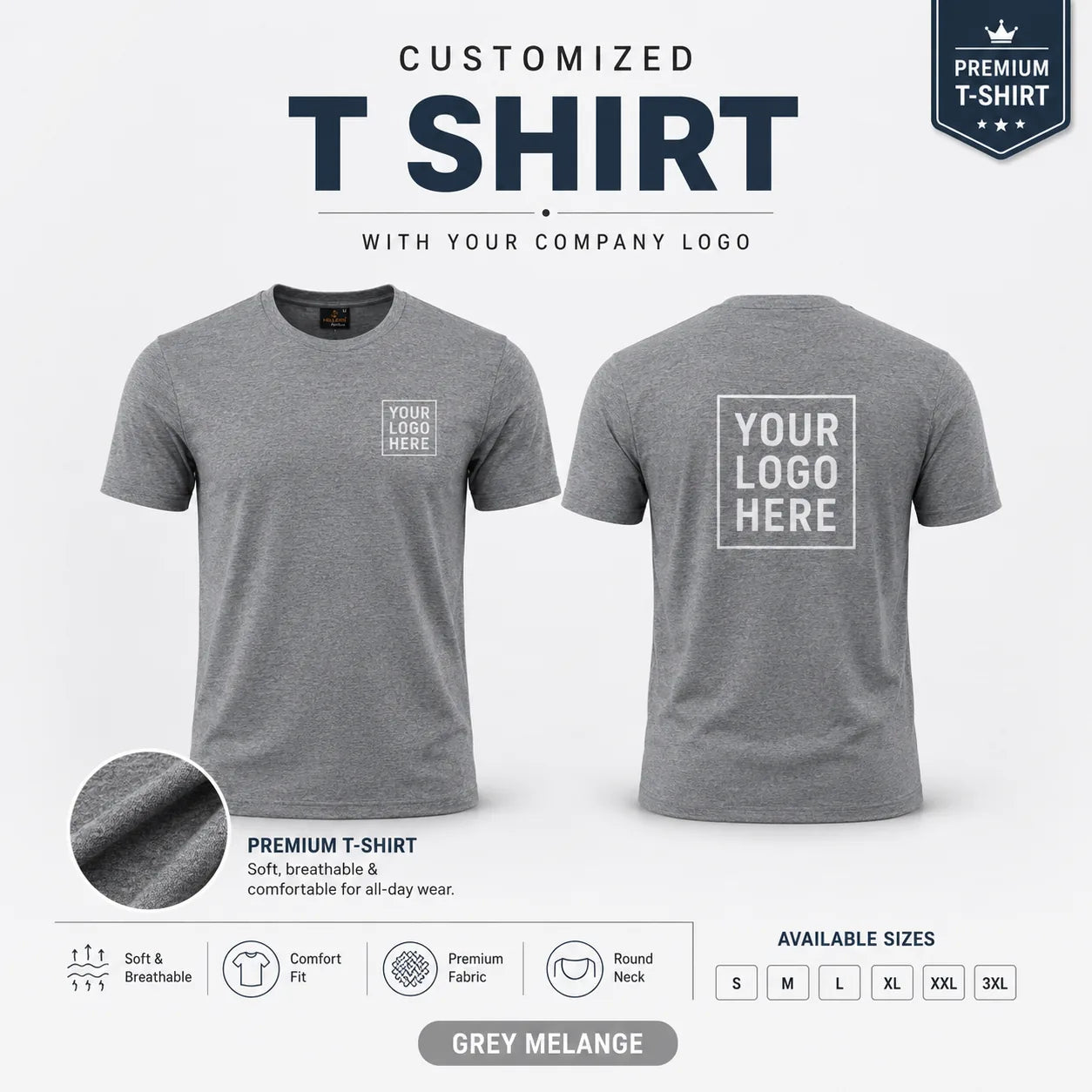 Grey Melange custom premium round neck t-shirt showing front and back logo placement