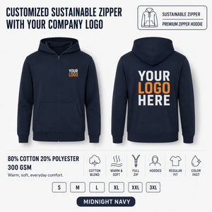 Custom Recycled Cotton Full-Zip Hoodie – 300 GSM - Midnight Navy