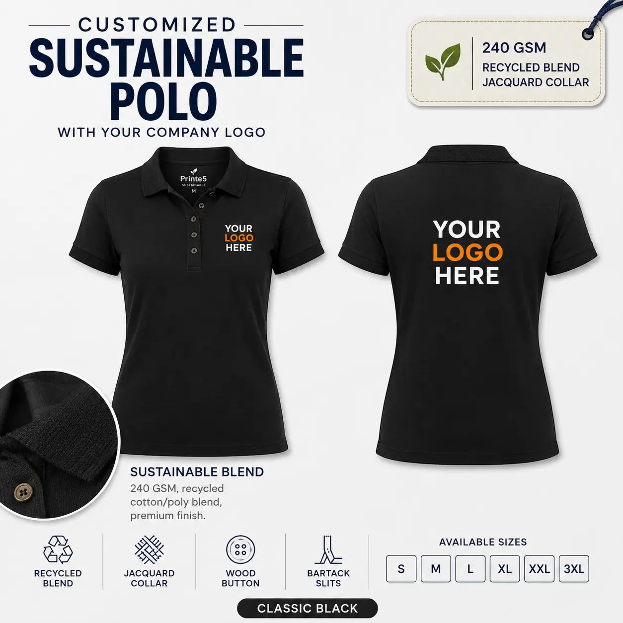 Women’s Custom Recycled Cotton Jacquard Polo T-Shirt – 240 GSM - Classic Black