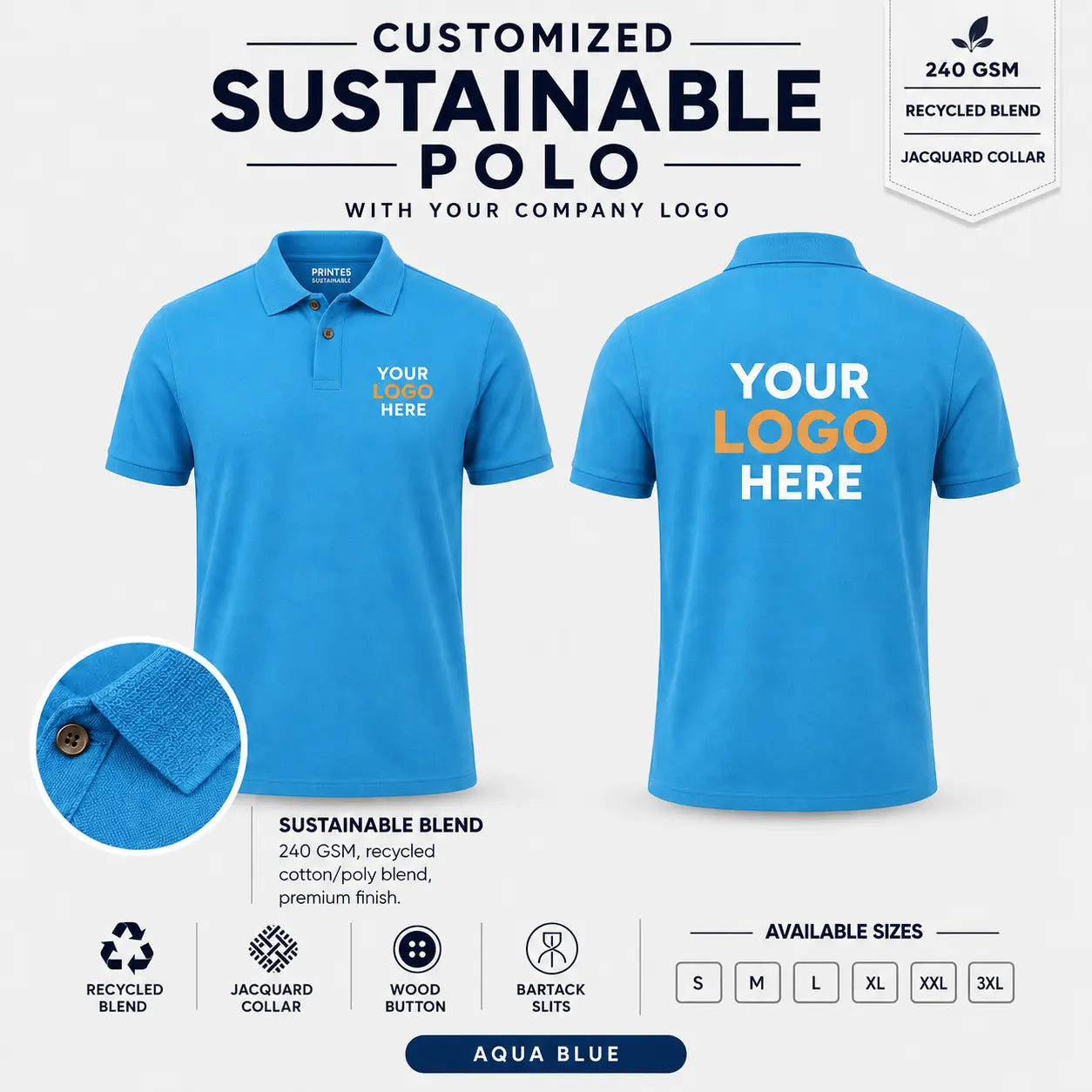 Custom Recycled Cotton Jacquard Polo T-Shirt – 240 GSM - Aqua Blue
