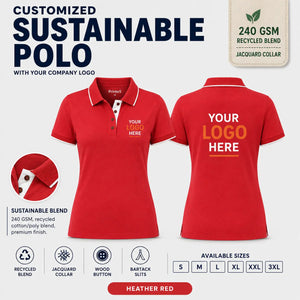 Women’s Custom Recycled Cotton Jacquard Polo T-Shirt – 240 GSM - Heather Red