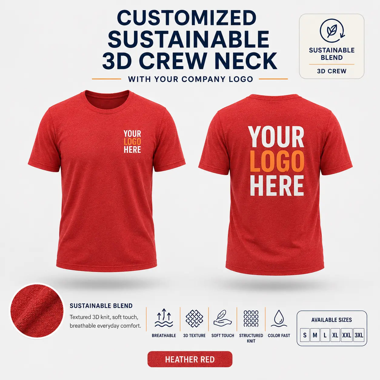 Custom Recycled Cotton 3D Crew Neck T-Shirt – 190 GSM - Heather Red