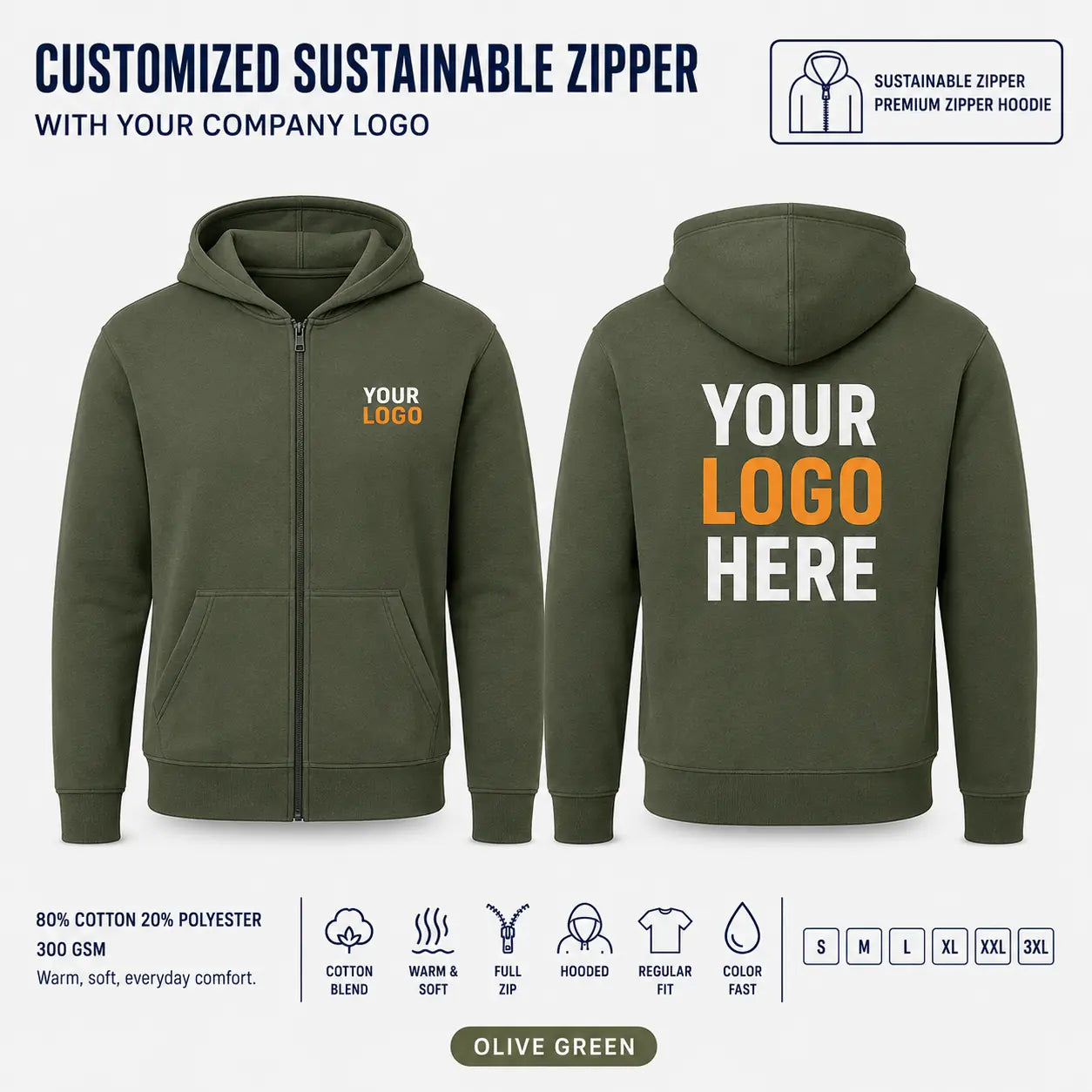 Custom Recycled Cotton Full-Zip Hoodie – 300 GSM - Olive Green