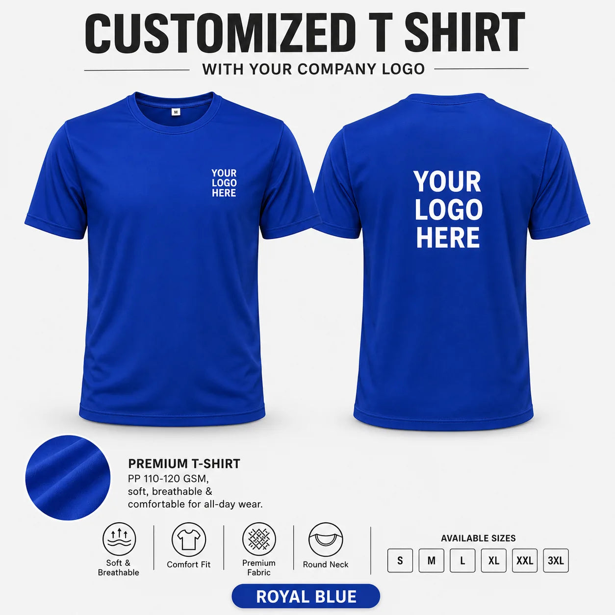 Royal Blue custom pp round neck t-shirt - 110-120 gsm showing front and back logo placement