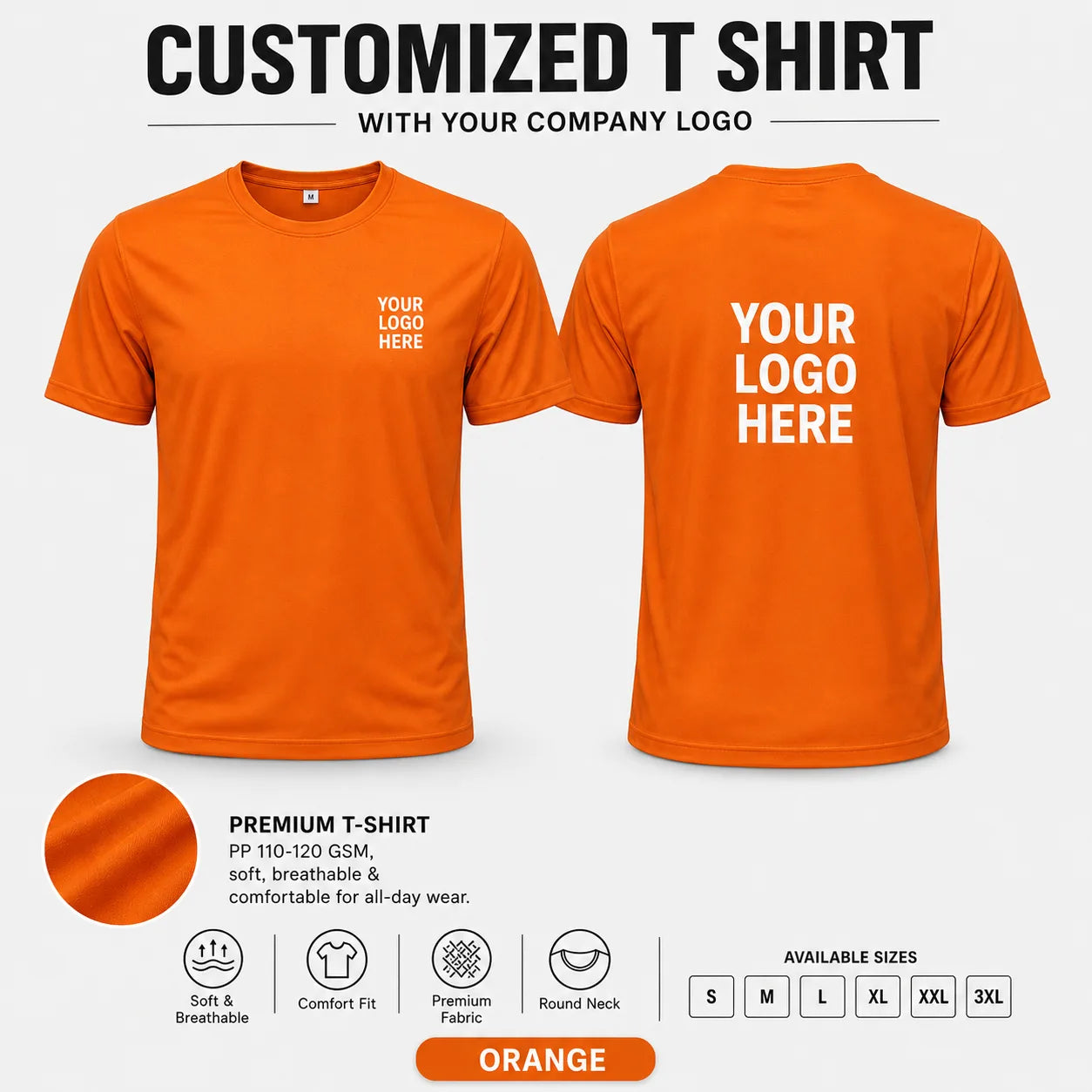 Orange custom pp round neck t-shirt - 110-120 gsm showing front and back logo placement
