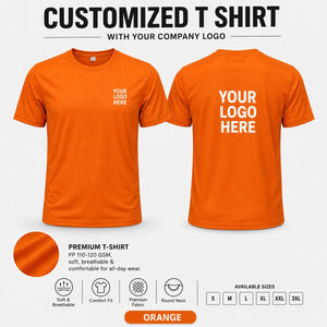Orange custom pp round neck t-shirt - 110-120 gsm showing front and back logo placement