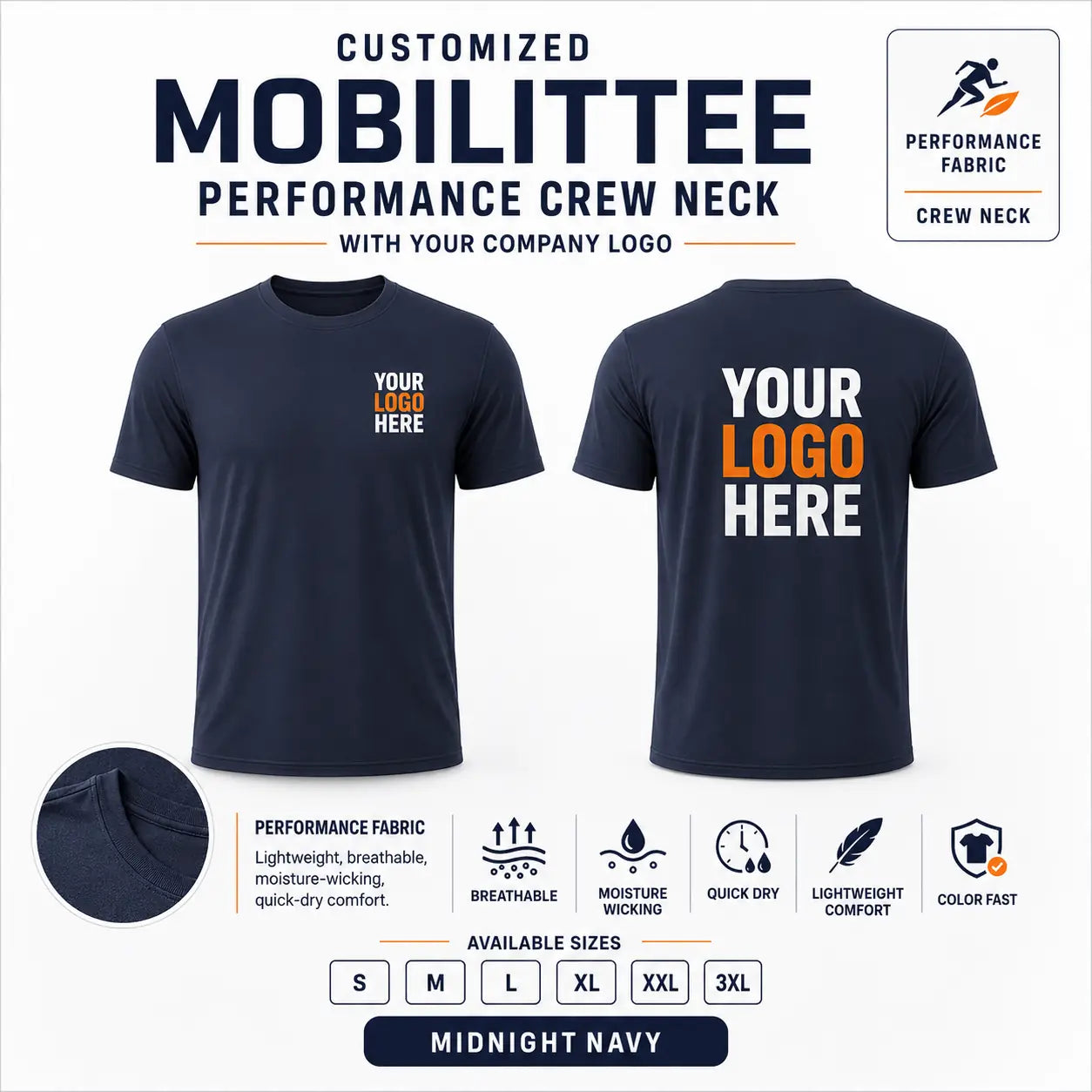 Custom Performance Crew Neck T-Shirt – 160 GSM - Midnight Navy