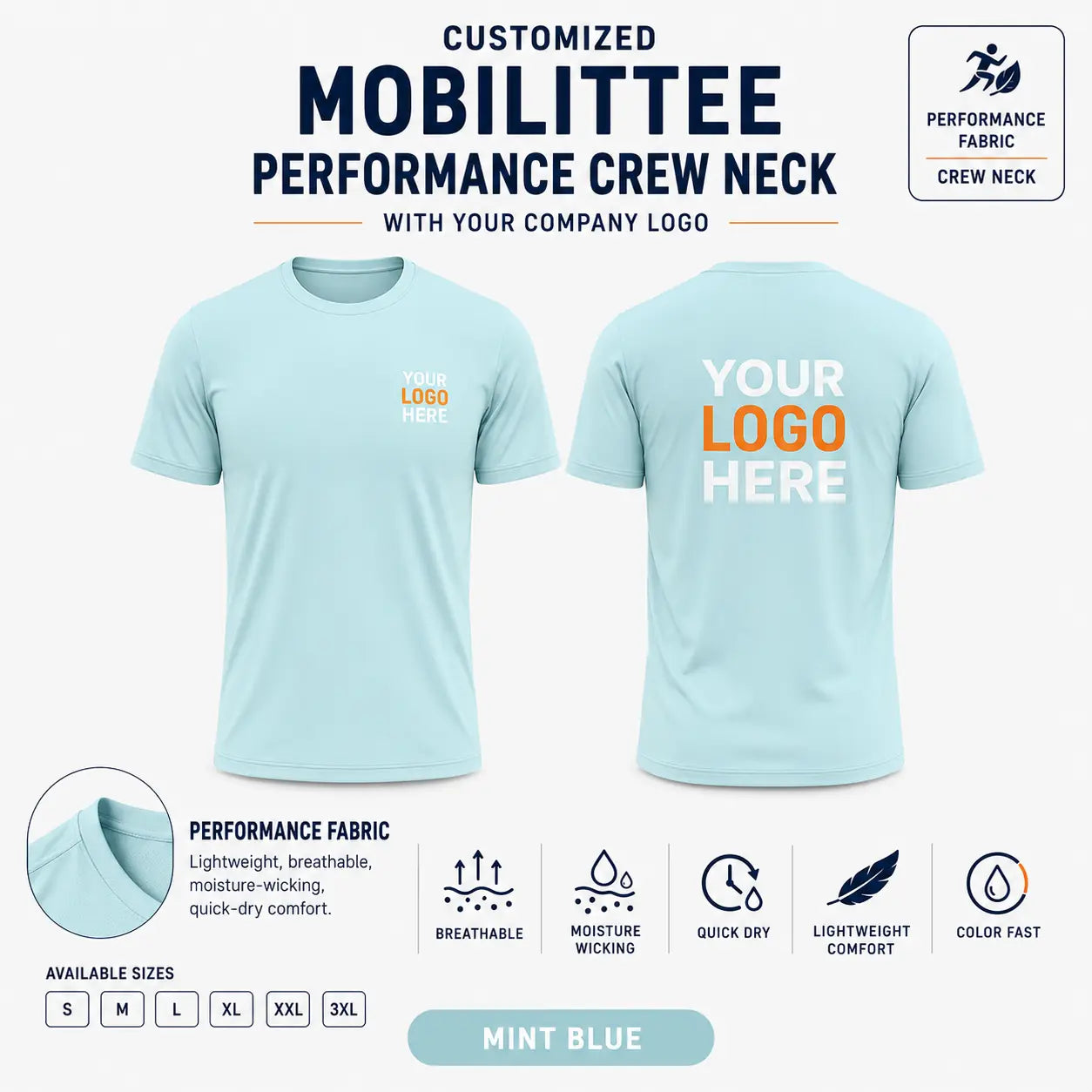 Custom Performance Crew Neck T-Shirt – 160 GSM - Mint Blue
