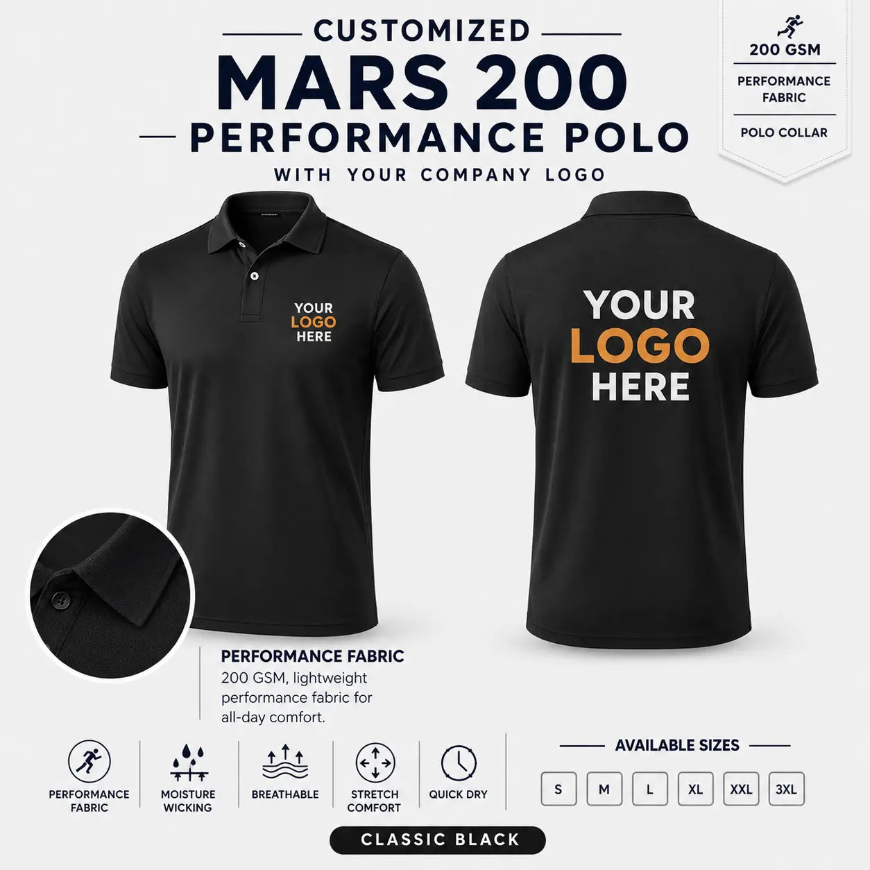 Custom Performance Polo T-Shirt – 200 GSM - Classic Black