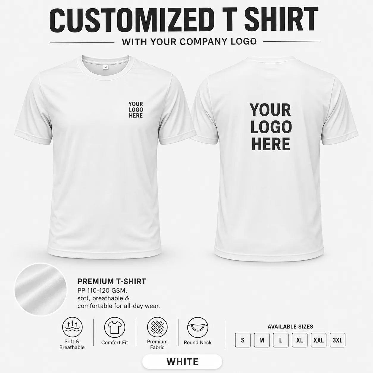 White custom pp round neck t-shirt - 110-120 gsm showing front and back logo placement