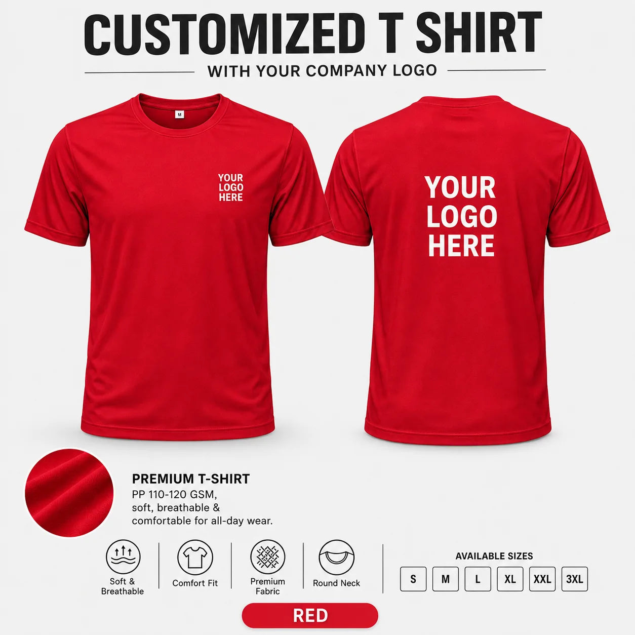 Red custom pp round neck t-shirt - 110-120 gsm showing front and back logo placement