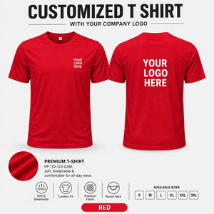 Red custom pp round neck t-shirt - 110-120 gsm showing front and back logo placement