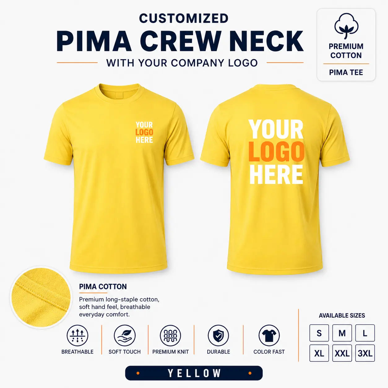 Custom Premium Pima Cotton Crew Neck T-Shirt – 185 GSM - Yellow