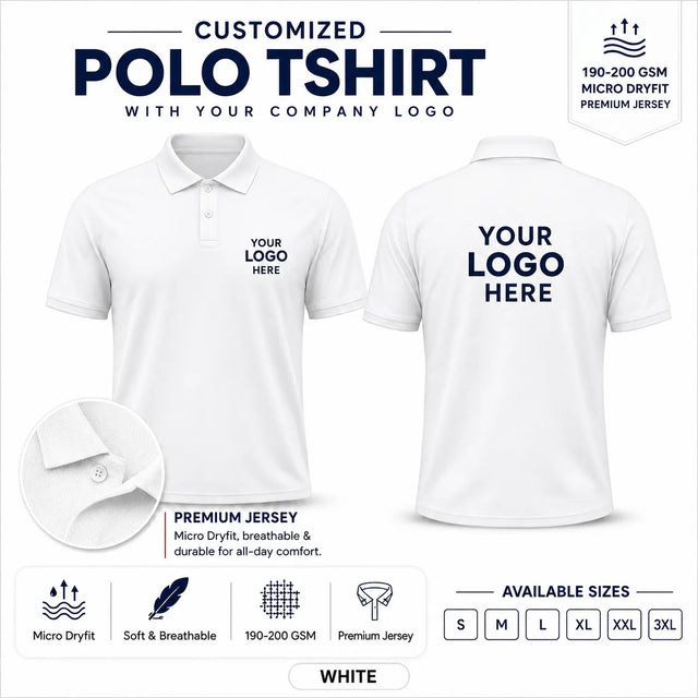 White custom micro dryfit polo t-shirt - 190-200 gsm showing front and back logo placement