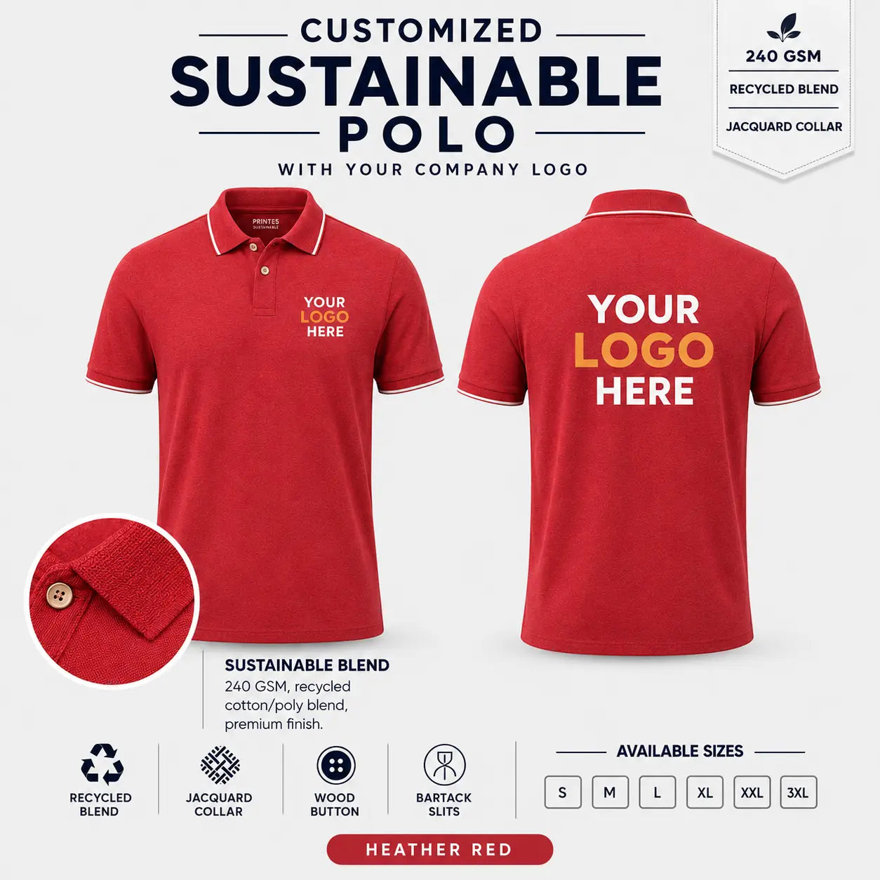 Custom Recycled Cotton Jacquard Polo T-Shirt – 240 GSM - Heather Red