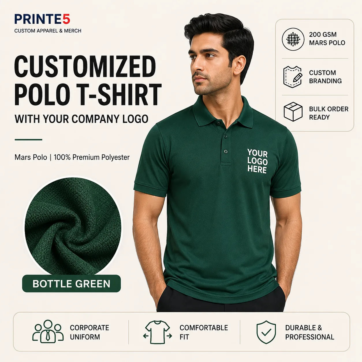 Bottle Green custom 200 GSM Mars Polo T-shirt with company logo for corporate uniforms and B2B bulk orders