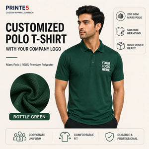 Bottle Green custom 200 GSM Mars Polo T-shirt with company logo for corporate uniforms and B2B bulk orders