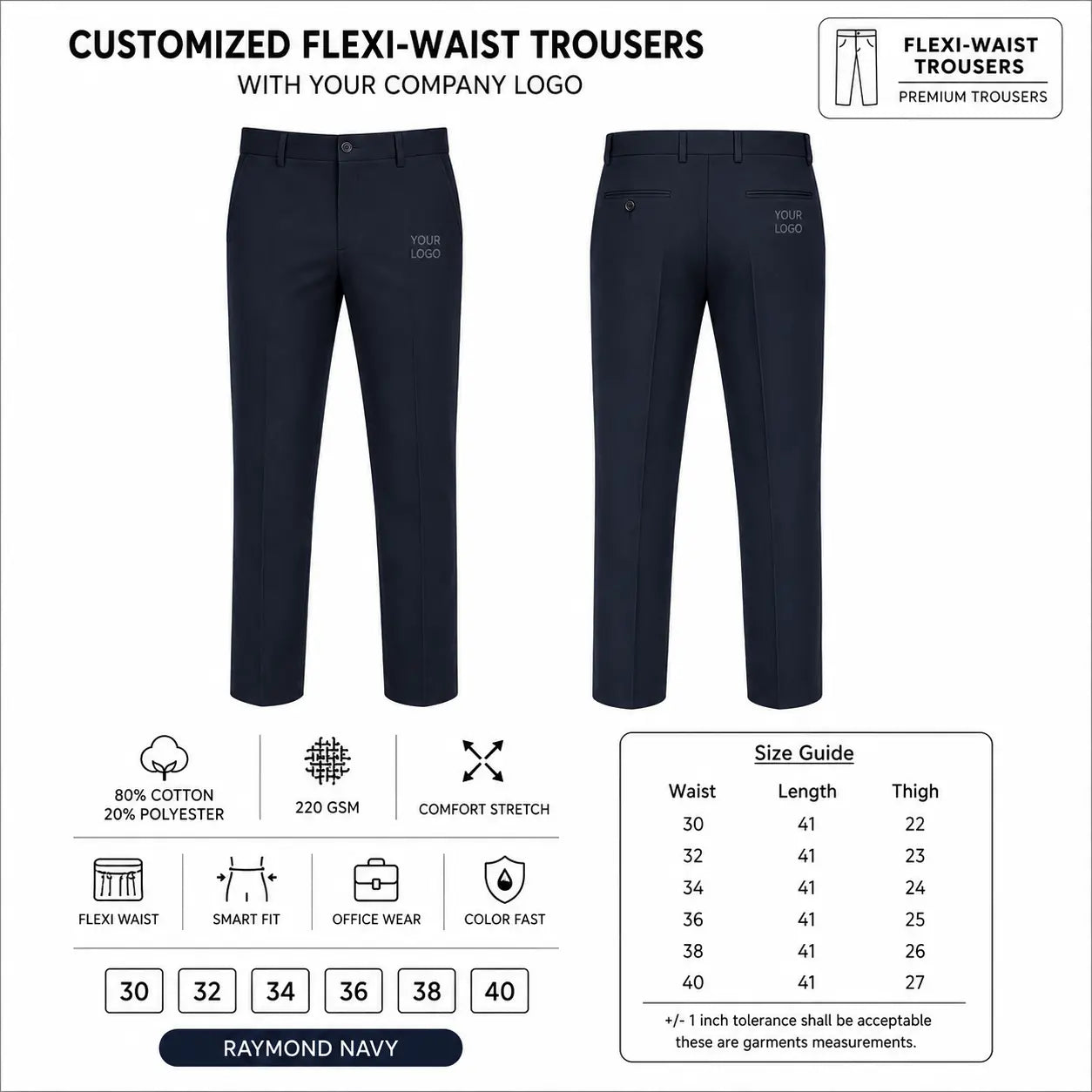 Custom Flexi-Waist Uniform Trousers – 390 GSM - Raymond Navy