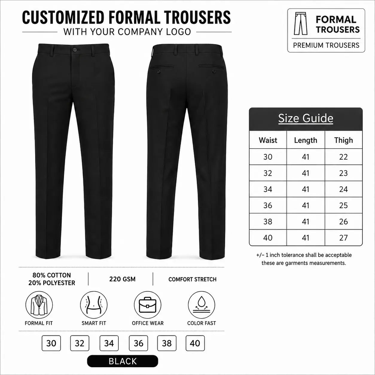 Custom Formal Uniform Trousers – 345 GSM - Black