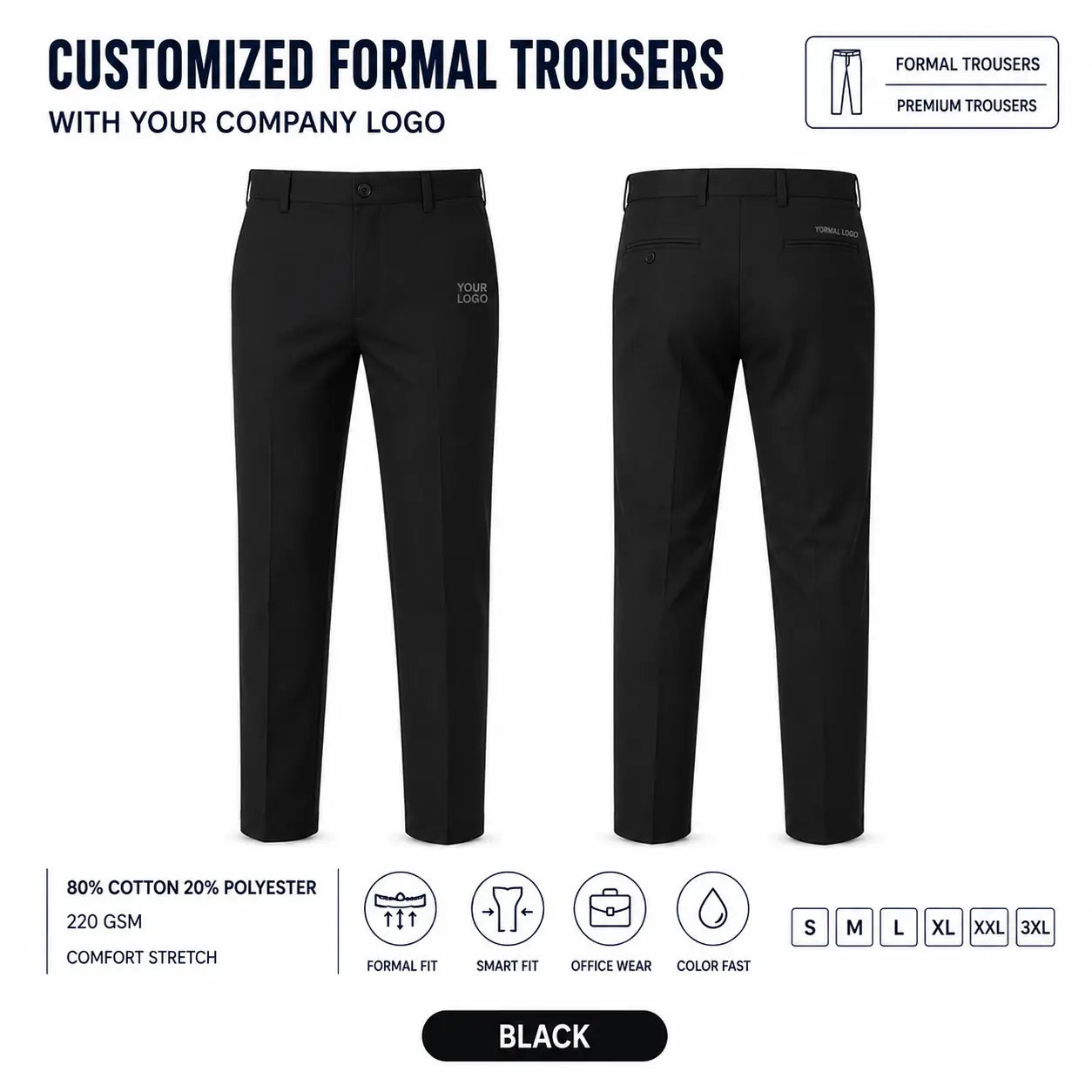 Custom Formal Uniform Trousers – 345 GSM - Black